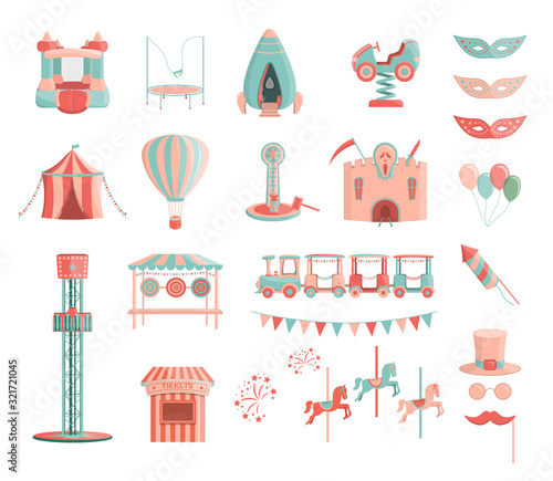 Vector cartoon amusement park rides icon set.