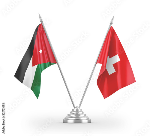 Switzerland and Jordan table flags isolated on white 3D rendering photo