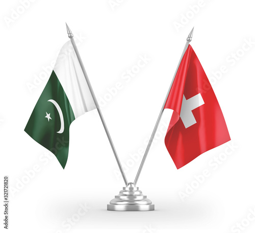 Switzerland and Pakistan table flags isolated on white 3D rendering photo