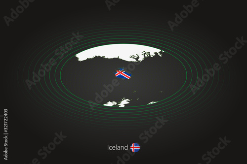 Iceland map in dark color, oval map with neighboring countries.