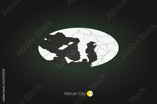 Vatican City map in dark color, oval map with neighboring countries.