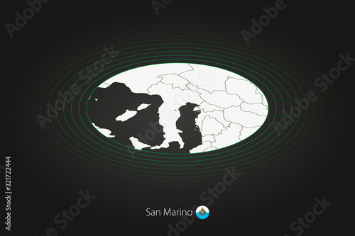 San Marino map in dark color, oval map with neighboring countries.