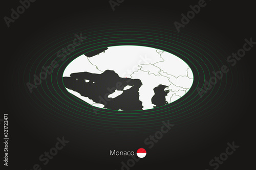 Monaco map in dark color, oval map with neighboring countries.