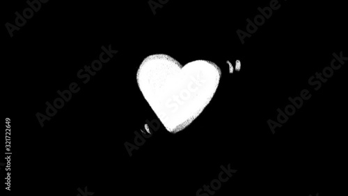 Video animation chalky white heart 2d on a black background increases and grows from a point and rotates then decreases. Drawn by hand. Background for sites, cards, invitations, total black.