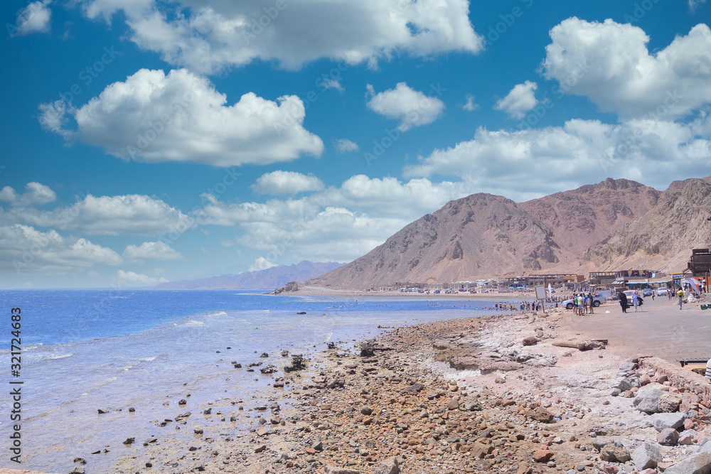 Landscapes of the city of Dahab in Egypt on the coast of the Red Sea and watching coral reefs