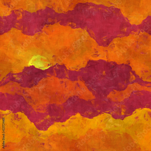 Fiery Sunset Over Mountains Shining Sun Abstract radiant brushed mottled distressed fade grungy painting messy dynamic artistic design. Seamless repeat raster jpg pattern swatch.