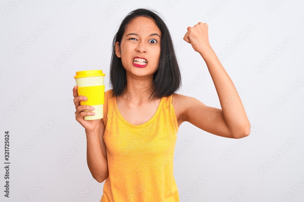 Young chinese woman drinking take away glass of coffee over isolated white background annoyed and frustrated shouting with anger, crazy and yelling with raised hand, anger concept Young chinese woman drinking take away glass of coffee over isolated white background annoyed and frustrated shouting with anger, crazy and yelling with raised hand, anger concept