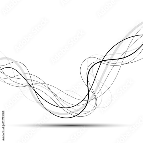 Abstract curved black and grey lines on white background and dark shadow
