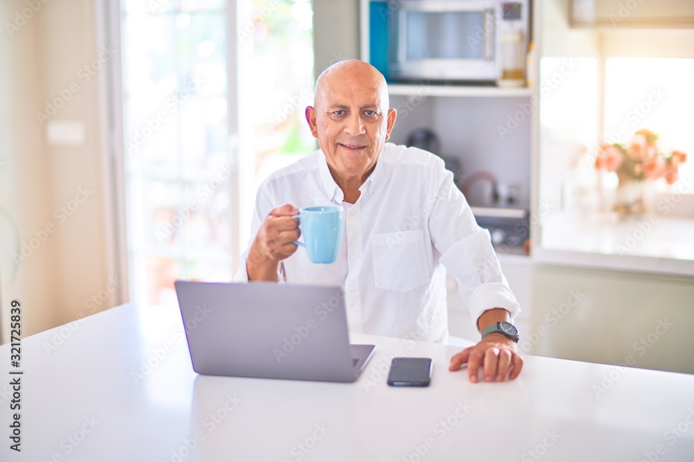 Senior handsome man smiling happy and confident. Sitting using laptop and drinking cup of coffee at home Senior handsome man smiling happy and confident. Sitting using laptop and drinking cup of coffee at home