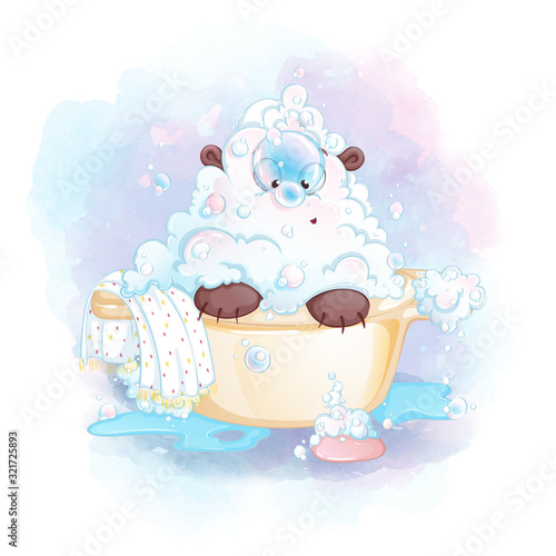 A little bear cub in soapy foam sits in a bathtub and looks at a soap bubble on its nose. Children's cartoon character. Watercolor vector background.