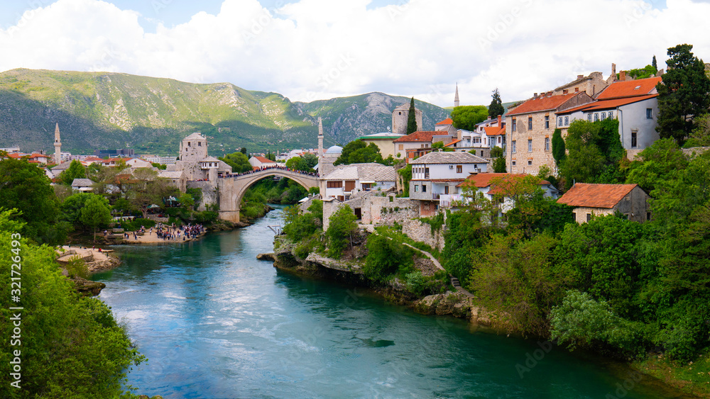 Panorama of The Old Bridge and city of  Mostar, Bosnia and Herzegovina.