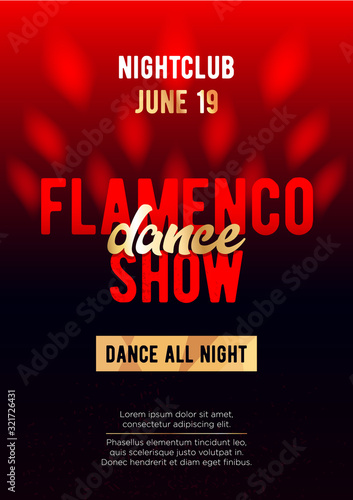Vertical flamenco dance show template with dark background, graphic elements and text. 