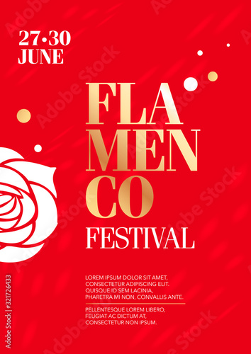 Vertical flamenco festival template with red background, graphic elements and text. 
