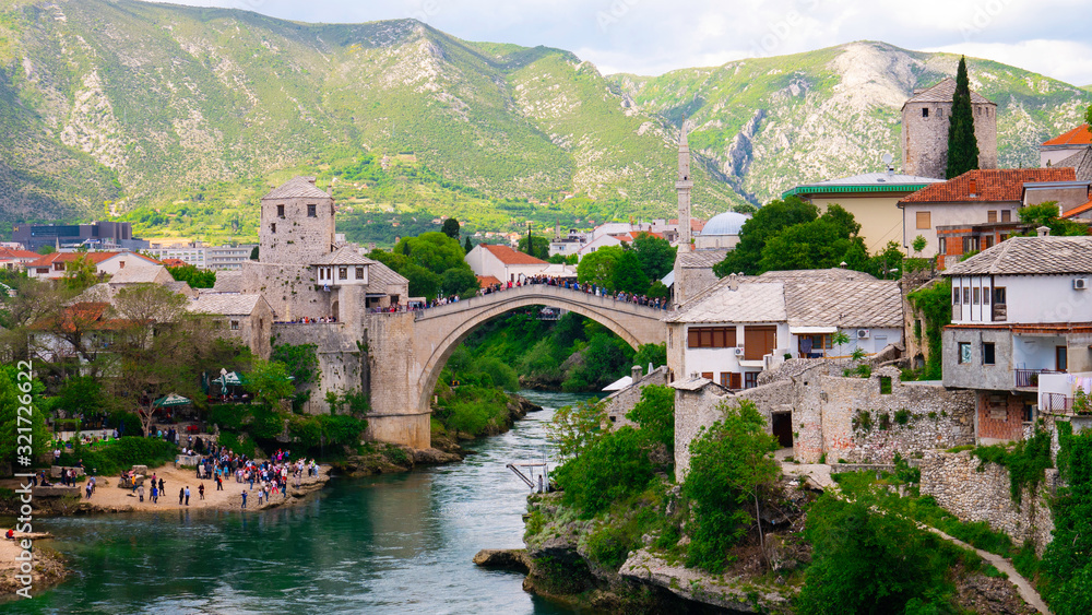 Panorama of The Old town of Mostar and Stari most Bridge, Bosnia and Herzegovina, April 2019.