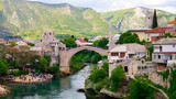Panorama of The Old town of Mostar and Stari most Bridge, Bosnia and Herzegovina, April 2019.