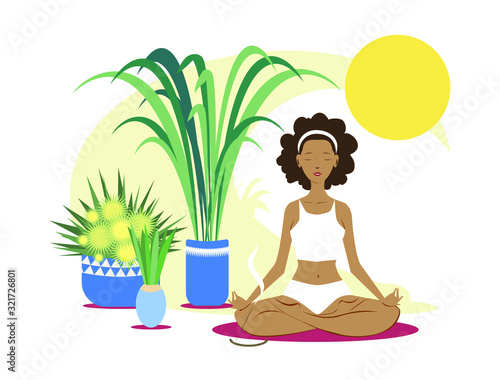 Black young woman, practicing yoga in the lotus pose. Healthy lifestyle and wellness concept. Flat cartoon vector illustration for meditation, recreation, Yoga Day. Isolated on white background