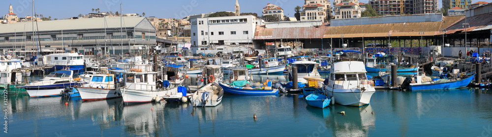 Yachts and fishing boats anchor at Port. Panoramic View.
