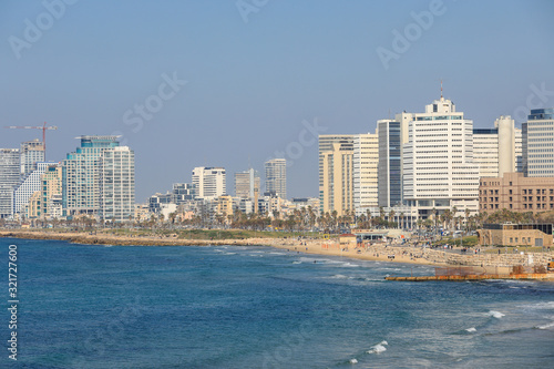 Tel Aviv coastline, the hotel area from a low point of view. View of Tel Aviv coastline From Jaffa Port.  © MagioreStockStudio