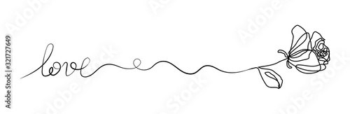 Rose flower one line drawing with phrase Love. Petal botanical plant, vector illustration minimalism. Symbol of love and valentine.