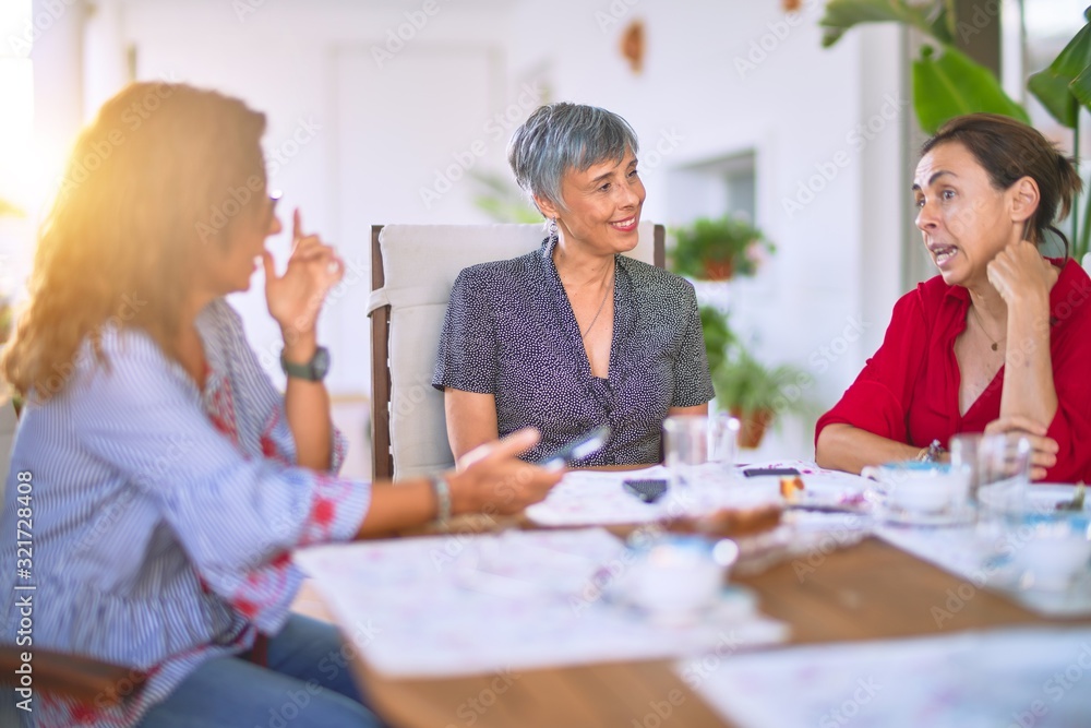 Meeting of middle age women having lunch and drinking coffee. Mature friends smiling happy using smartphone at home on a sunny day Meeting of middle age women having lunch and drinking coffee. Mature friends smiling happy using smartphone at home on a sunny day
