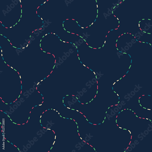 A seamless vector pattern with long dashed lines on dark navy blue background. Simple surface print design.
