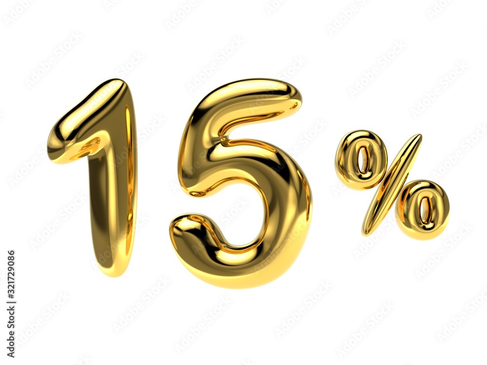 15 percent discount. Golden glossy balloon in the shape of a numbe 15 percent discount. Golden glossy balloon in the shape of a numbe