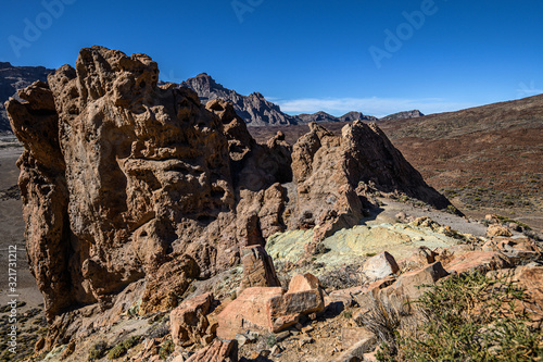 View of Roques de García unique rock formation mountain volcano, Teide National Park. Tenerife, Canary Islands