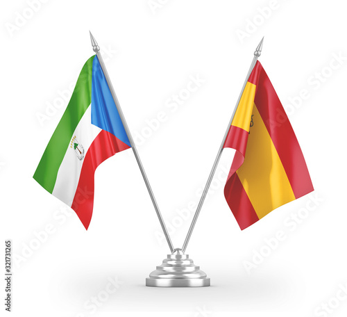 Spain and Equatorial Guinea table flags isolated on white 3D rendering