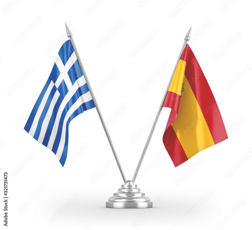 Spain and Greece table flags isolated on white 3D rendering