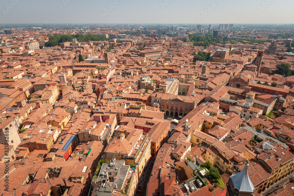 Aerial view of Bologna, Italy looking northeast.