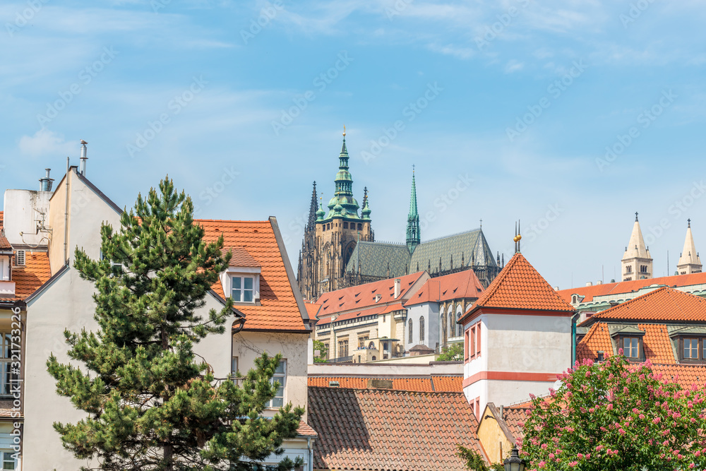 Top view to red roofs and green trees skyline of Prague city Czech republic.