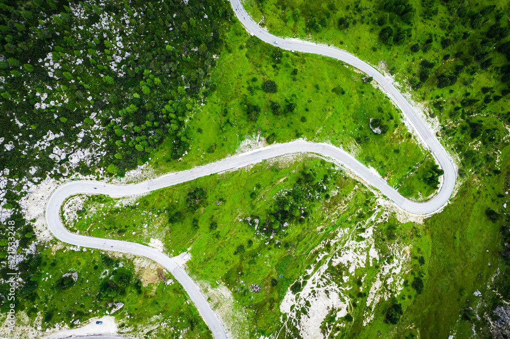 Top down view of white serpentine in Dolomites, Italy