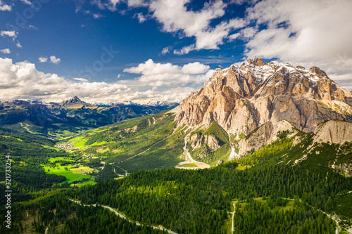 Aerial view of Passo Falazarego in Dolomites in summer