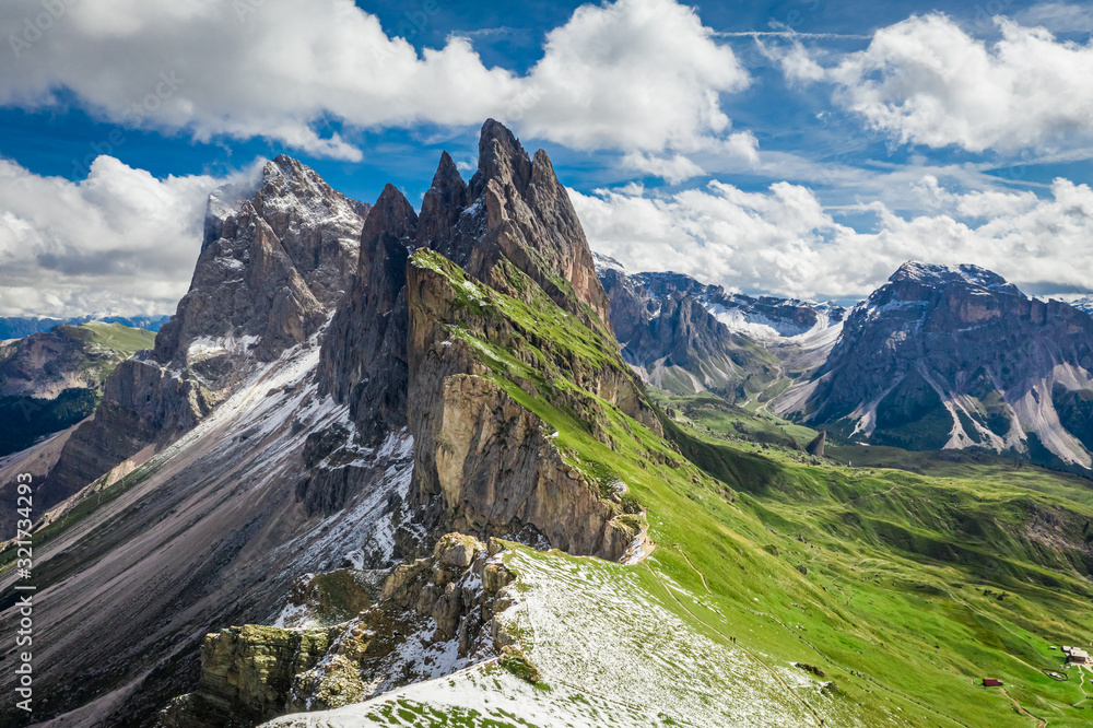 Aerial view of Seceda in South Tyrol, Dolomites, Europe