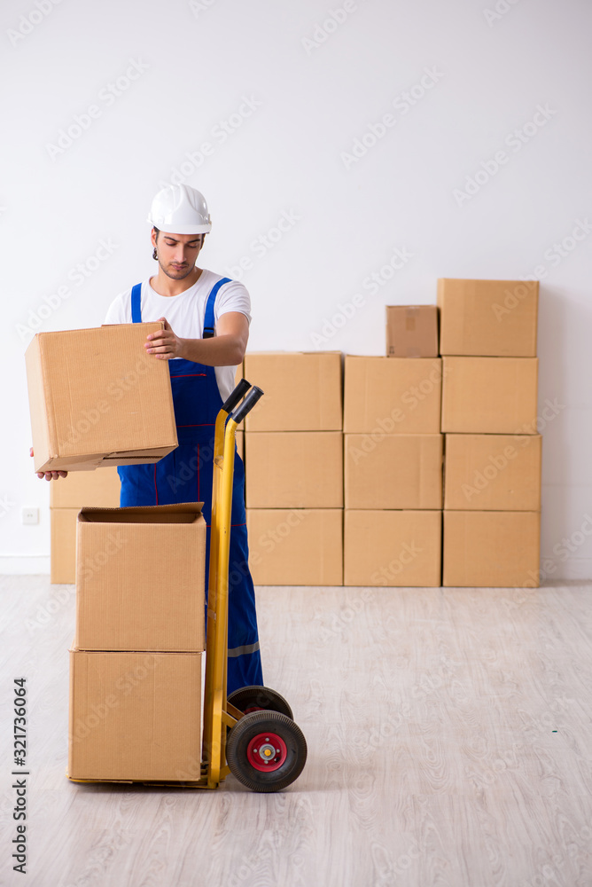 Young male professional mover doing home relocation Young male professional mover doing home relocation