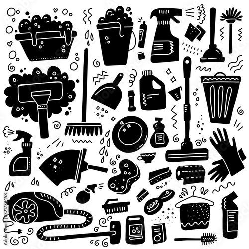 Cleaning tools. Vector set of black signs of cleaning equipment isolated on white background. Collection of housekeeping symbols in doodle hand drawn style. Black and white design illustration.