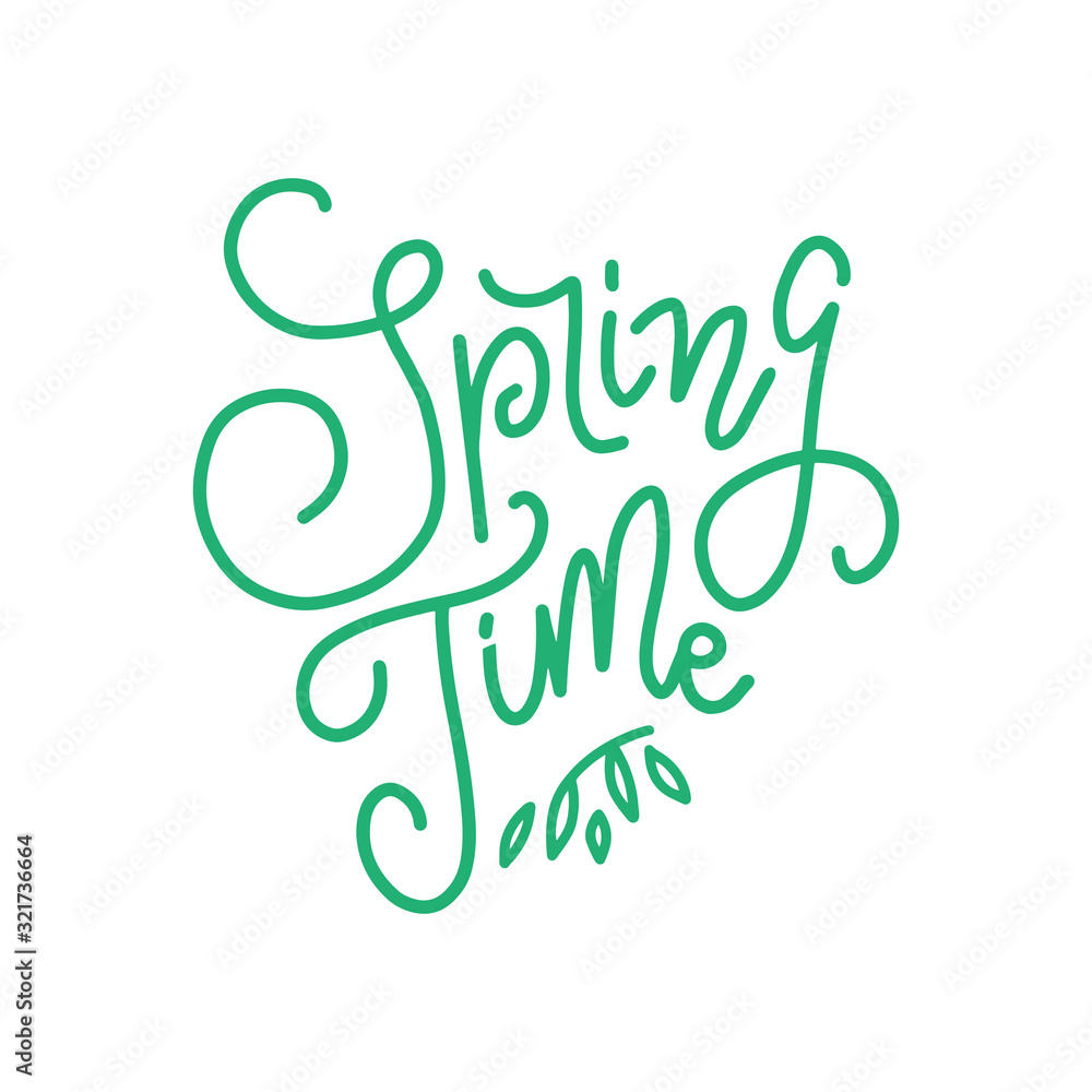 Green Calligraphy lettering phrase Spring Time. Vector Hand Drawn Isolated text. Sketch doodle trendy line design for greeting card, scrapbook, print Green Calligraphy lettering phrase Spring Time. Vector Hand Drawn Isolated text. Sketch doodle trendy line design for greeting card, scrapbook, print