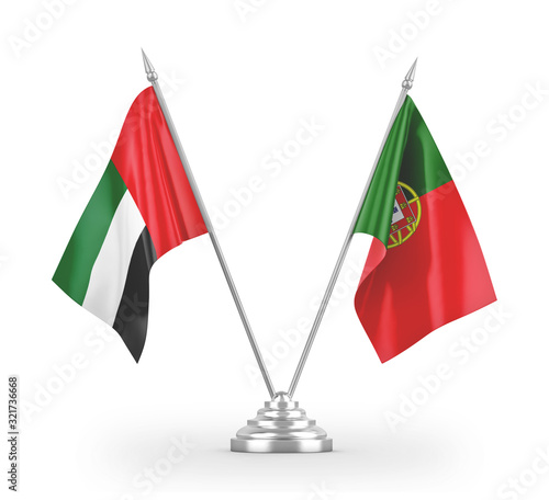Tableau sur toile Portugal and United Arab Emirates table flags isolated on white 3D rendering