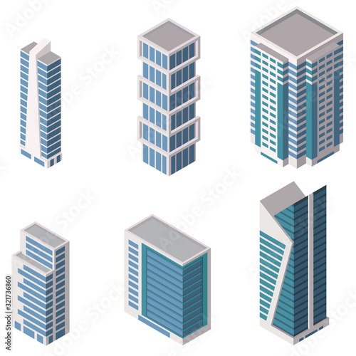 Set of Isometric Buildings vector icons set. Business offices  apartment houses  skyscrapers for infographic city map.
