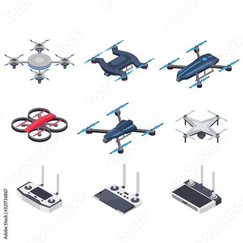 Modern isometric drone icon set. delivery drone with propellers, camera and computer controller.