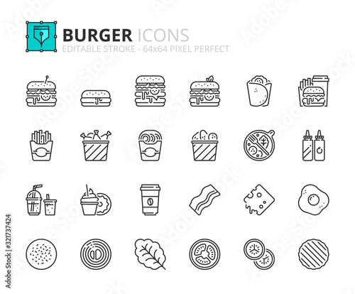 Simple set of outline icons about Food and Drink. Burger