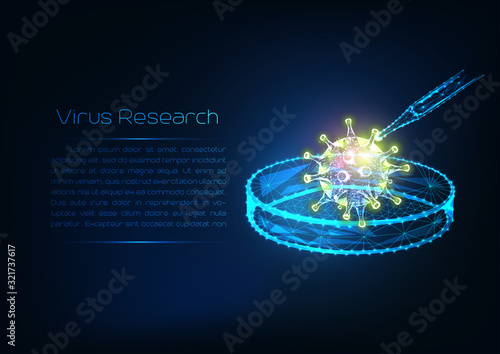 Futuristic Virus research concept with glowing low polygonal virus cell, dropper and Petri dish