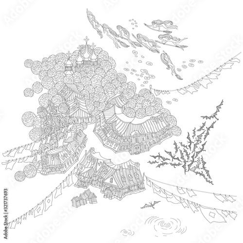 Vector outline contoured fantasy landscape, fairy tale small town on the hill, clothes dry, witches and demons flying on the broom to Sabbath. Black and white T shirt print, Adults Coloring Book page 