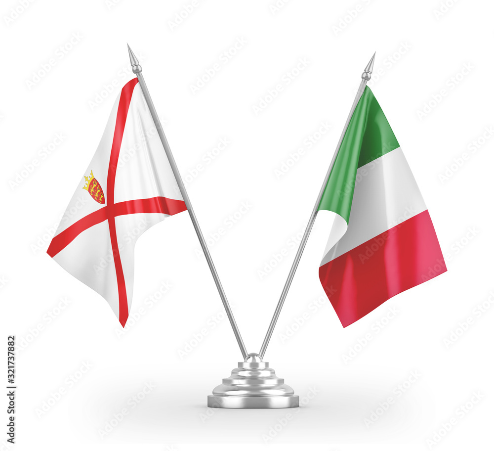 Italy and Jersey table flags isolated on white 3D rendering Italy and Jersey table flags isolated on white 3D rendering