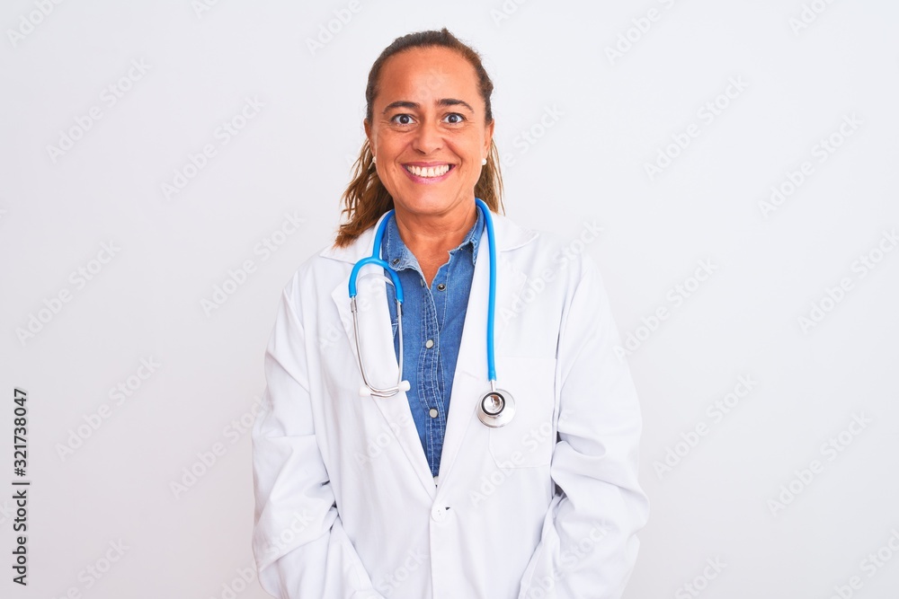 Middle age mature doctor woman wearing stethoscope over isolated background with a happy and cool smile on face. Lucky person. Middle age mature doctor woman wearing stethoscope over isolated background with a happy and cool smile on face. Lucky person.