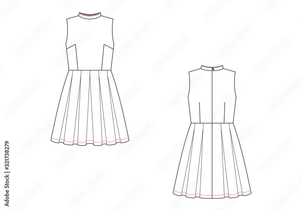 Vector technical sketch of sleeveless dress. Fashion template. Vector technical sketch of sleeveless dress. Fashion template.