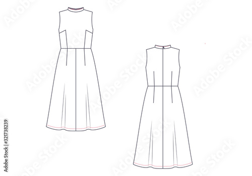 Vector technical sketch of sleeveless dress. Fashion template.