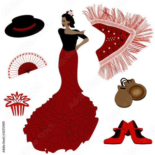 Flamenco dancer in traditional skirt with flounces. And other flamenco attributes on white background.