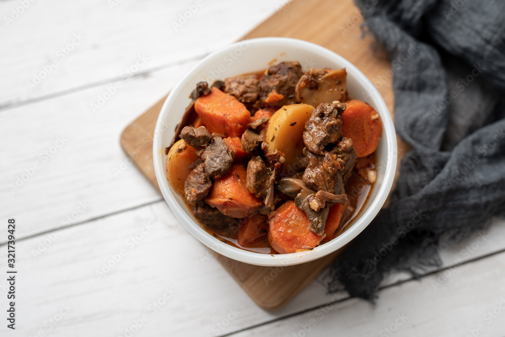 French cuisine Beef Bourguignon. Beef stew with red wine, carrots and potatoes. French cuisine Beef Bourguignon. Beef stew with red wine, carrots and potatoes.