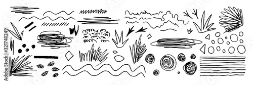Set of Hand drawn blots and lines. Doodle style. Vector objects. Abstract elements for bruches